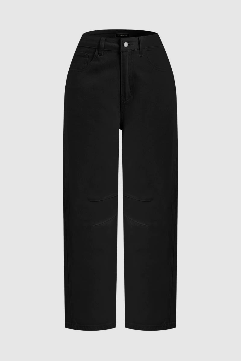 Solid Stitch Detail Mid Waist Crop Straight Leg Jeans Without Belt