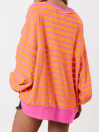 Women's Oversized Striped Button Up Henley Neck Waffle Knit Pullover