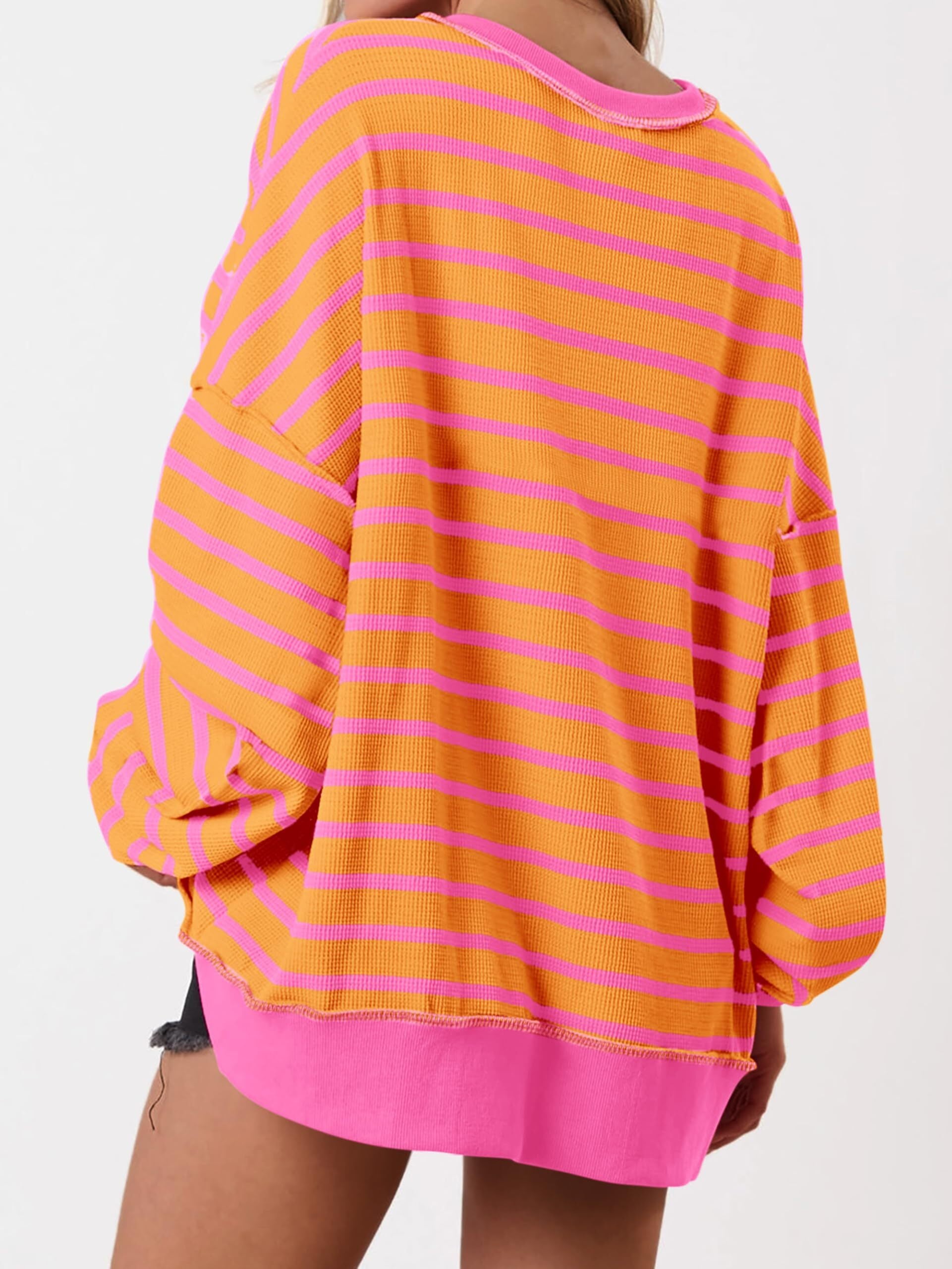 Women's Oversized Striped Button Up Henley Neck Waffle Knit Pullover