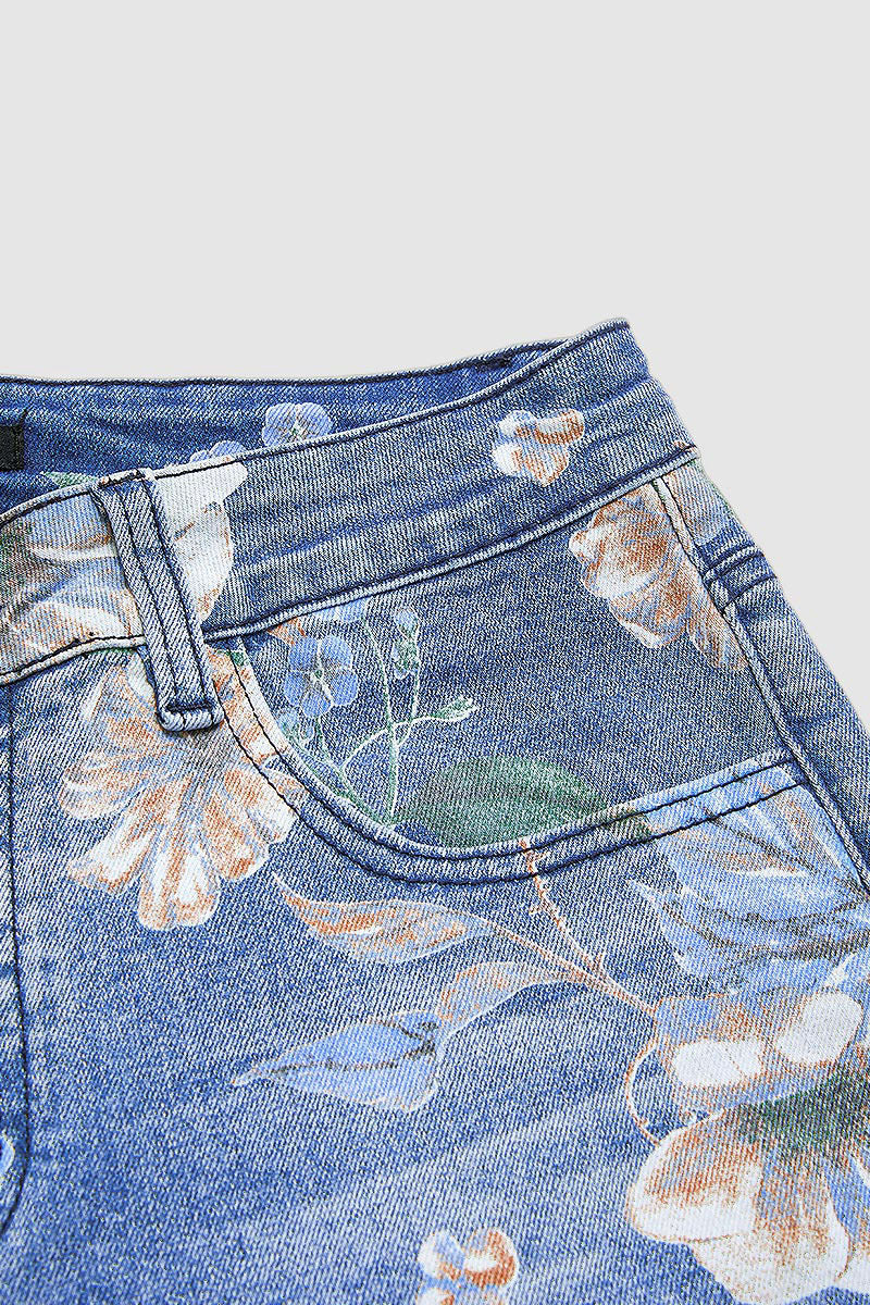 Allover Floral Pattern Straight Leg High Rise Crop Jeans