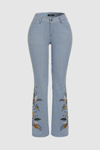 Striped Pattern Embroidered Low Waist Bootcut Jeans