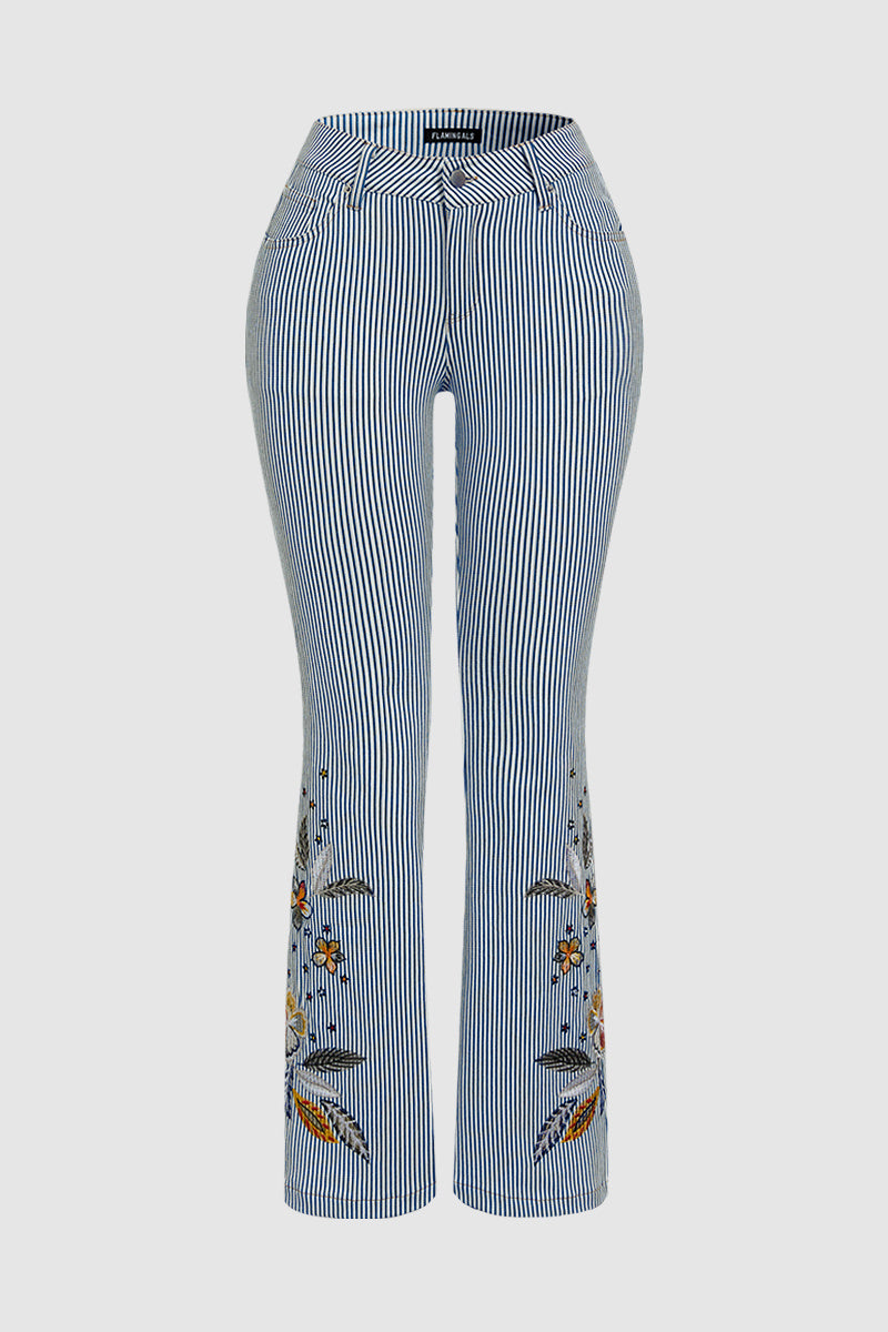 Striped Pattern Embroidered Low Waist Bootcut Jeans