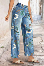 Allover Floral Pattern Straight Leg High Rise Crop Jeans