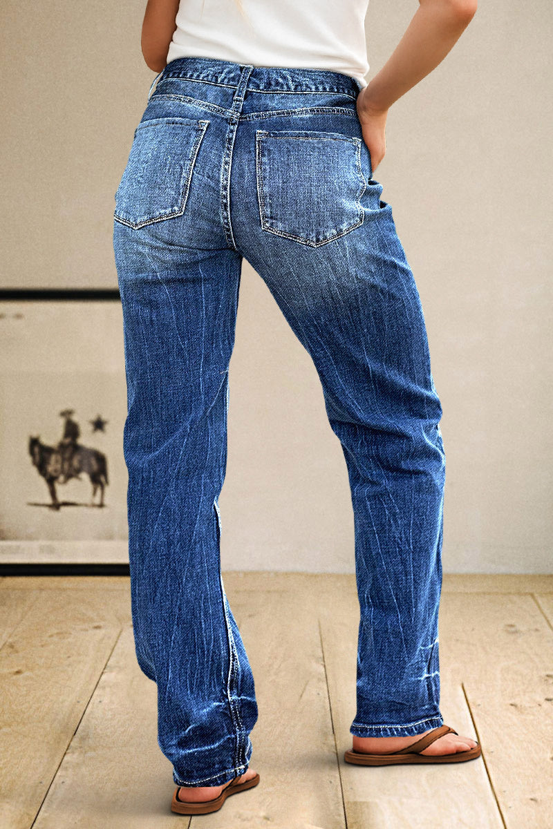 Wash Ripped Detail Mid Rise Straight Leg Jeans