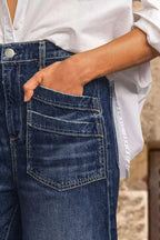 Wash Stitch Detail Raw Hem Crop Wide Leg Mid Rise Jeans