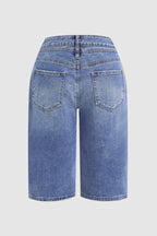 Raw Hem Ripped Mid Waist Denim Bermuda Shorts Without Belt