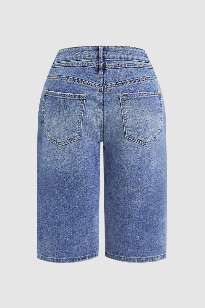 Raw Hem Ripped Mid Waist Denim Bermuda Shorts Without Belt