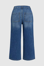 Wash Stitch Detail Raw Hem Crop Wide Leg Mid Rise Jeans