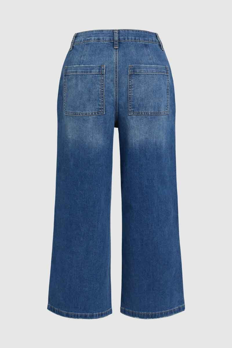 Wash Stitch Detail Raw Hem Crop Wide Leg Mid Rise Jeans