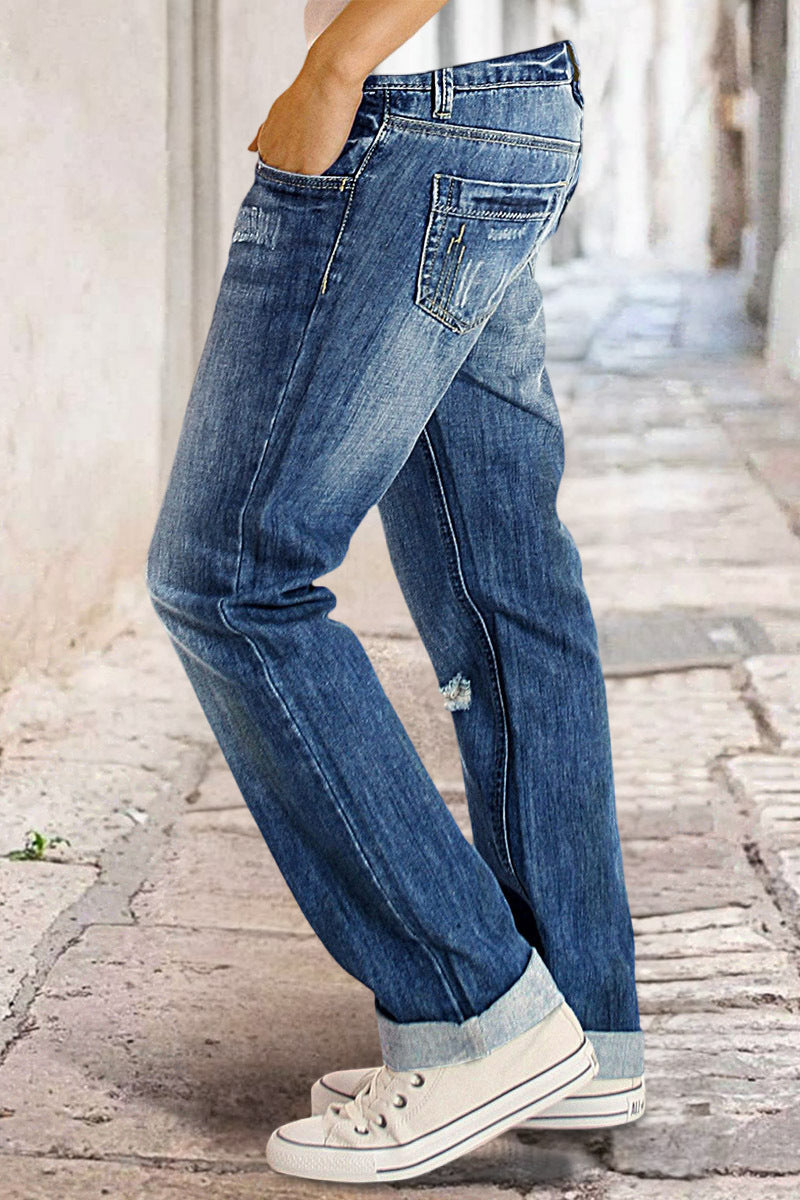 Roll Hem Ripped Double Button Mid Rise Straight Leg Jeans