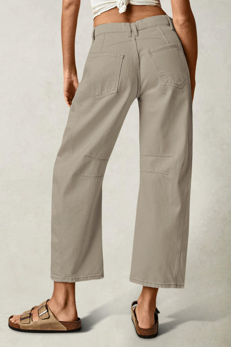 Solid Stitch Detail Mid Waist Crop Straight Leg Jeans Without Belt