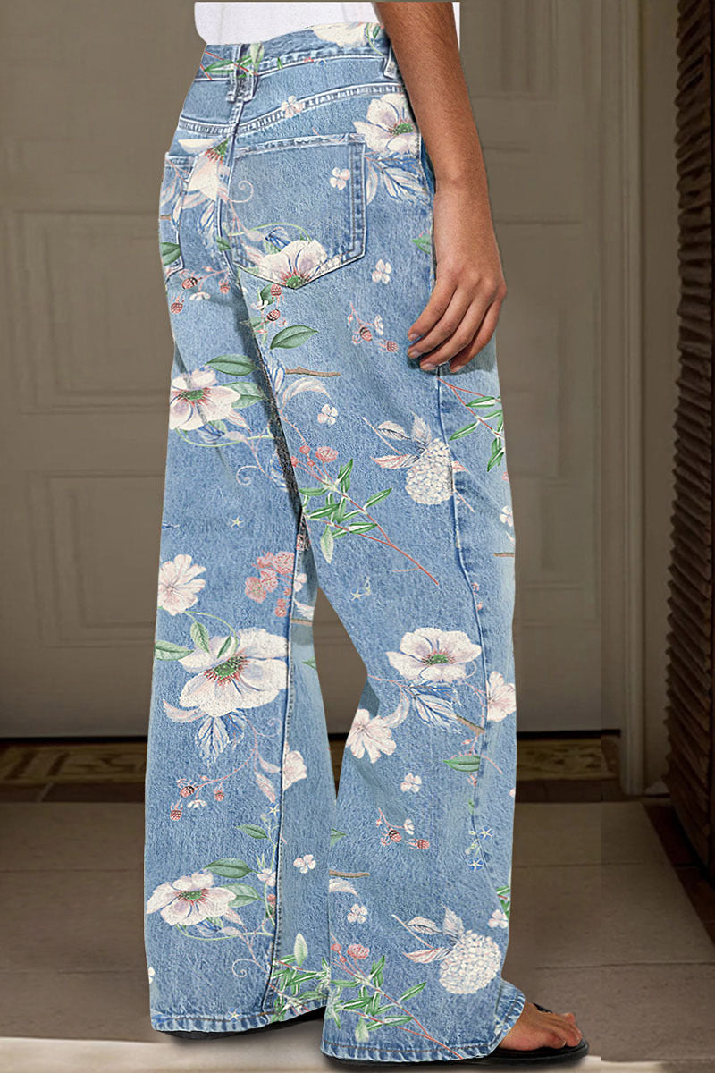 Floral Pattern Wash High Waist Straight Leg Jeans