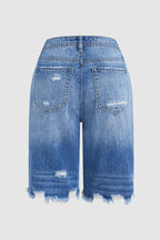 Raw Hem Ripped Mid Waist Denim Bermuda Shorts