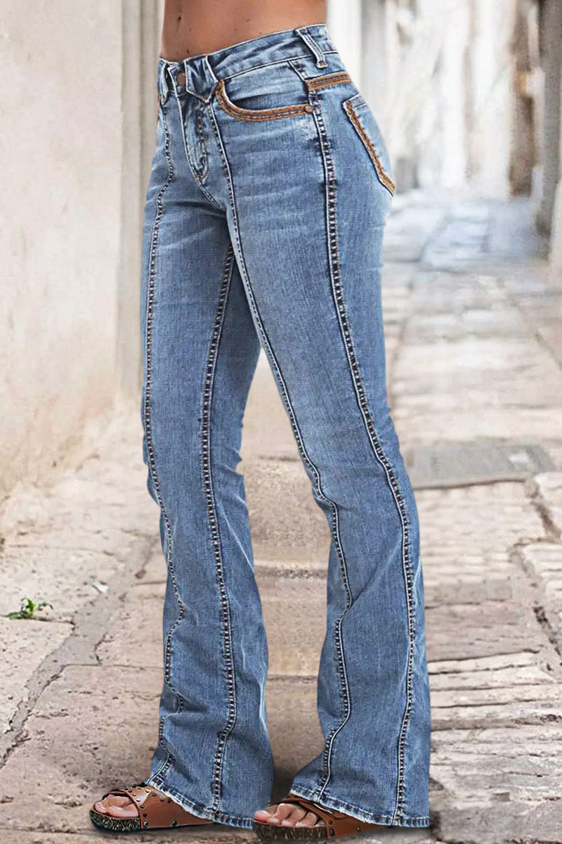 Wash Contrast Stitch Low Waist Bootcut Jeans