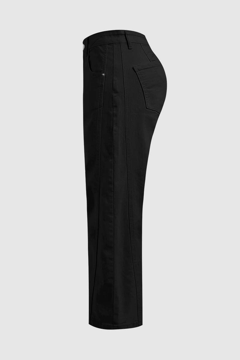Solid Stitch Detail Mid Waist Crop Straight Leg Jeans Without Belt