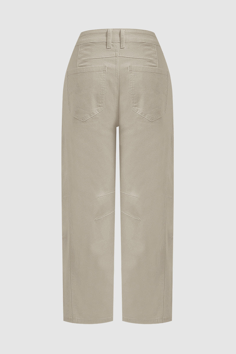 Solid Stitch Detail Mid Waist Crop Straight Leg Jeans Without Belt