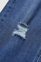 Roll Hem Ripped Double Button Mid Rise Straight Leg Jeans