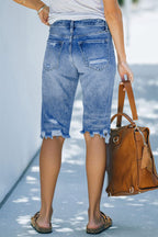 Raw Hem Ripped Mid Waist Denim Bermuda Shorts
