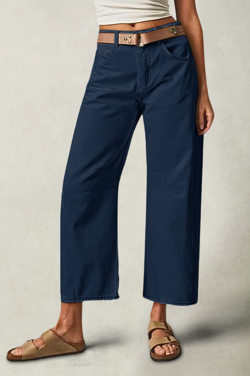 Solid Stitch Detail Mid Waist Crop Straight Leg Jeans Without Belt