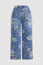 Allover Floral Pattern Straight Leg High Rise Crop Jeans