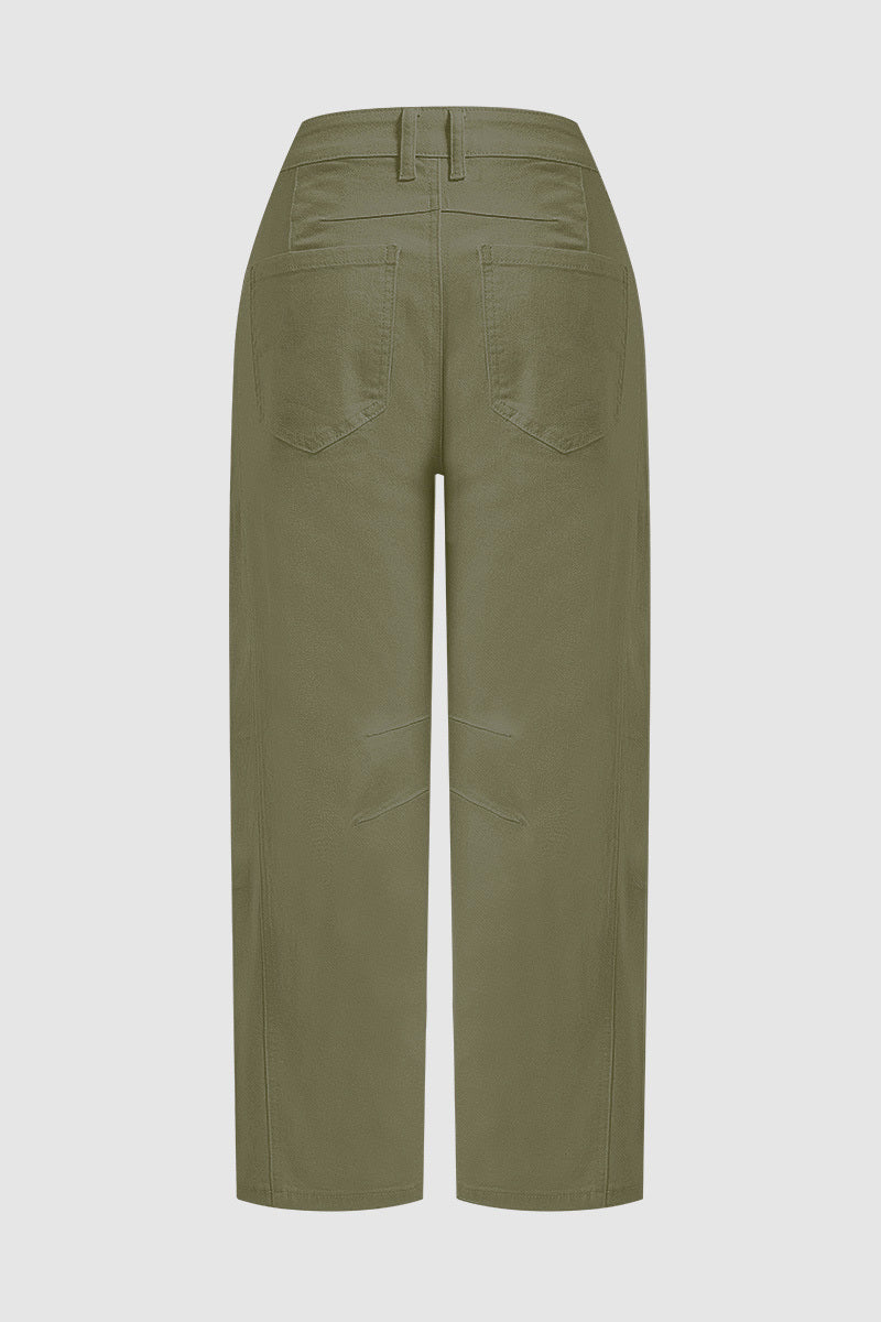 Solid Stitch Detail Mid Waist Crop Straight Leg Jeans Without Belt