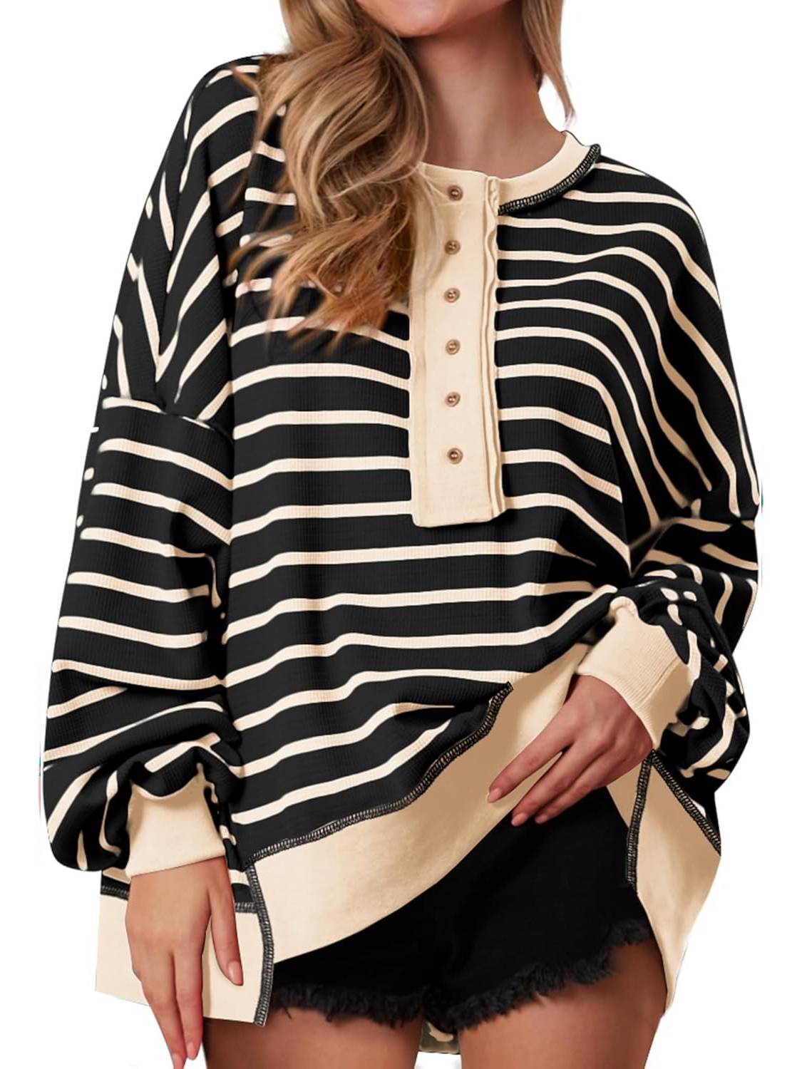 Women's Oversized Striped Button Up Henley Neck Waffle Knit Pullover