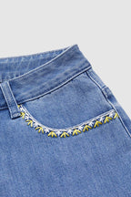Wash Embroidery Mid Waist Denim Shorts