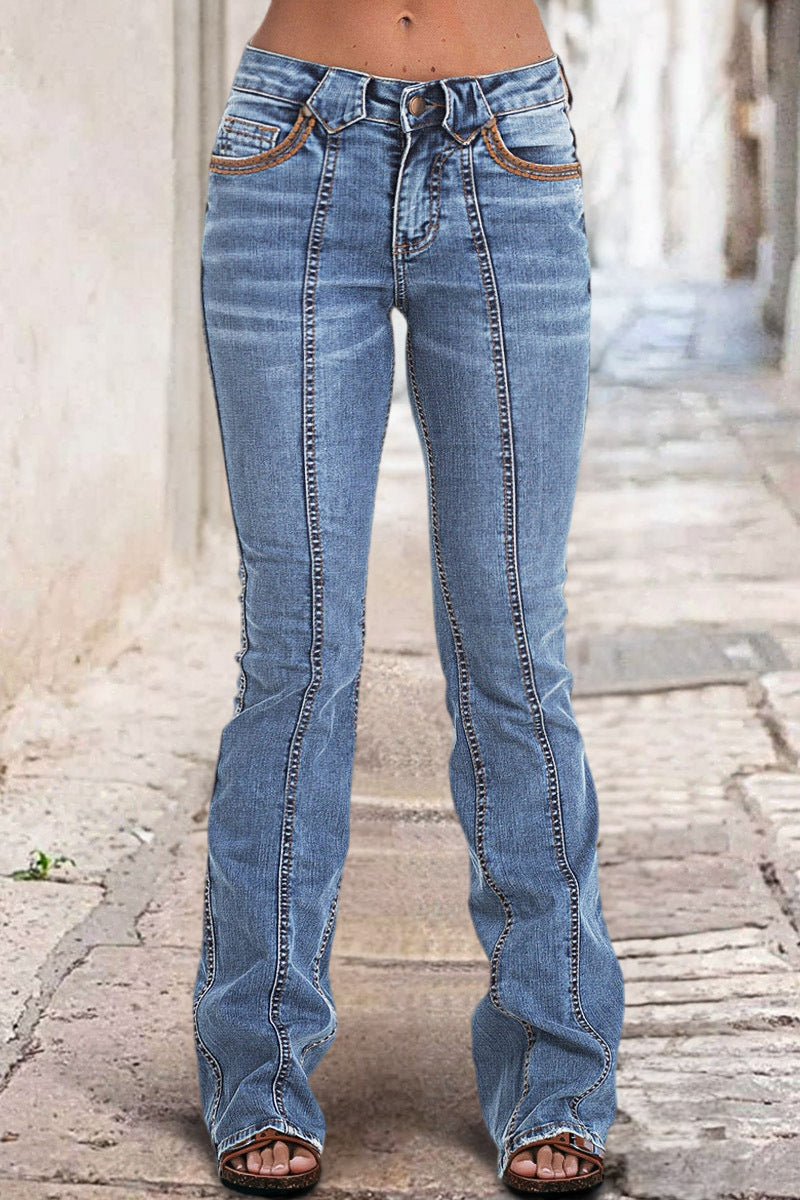Wash Contrast Stitch Low Waist Bootcut Jeans