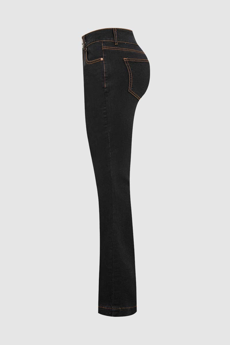 Double Button Stitch Detail High Waist Bootcut Jeans