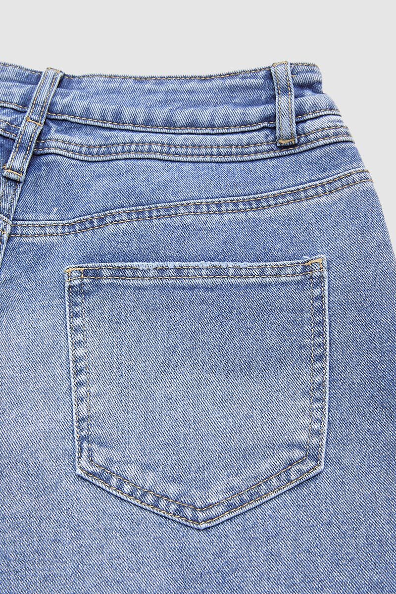 Raw Hem Ripped Mid Waist Denim Bermuda Shorts Without Belt