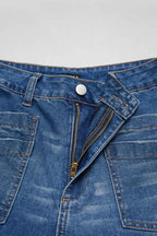 Wash Stitch Detail Raw Hem Crop Wide Leg Mid Rise Jeans