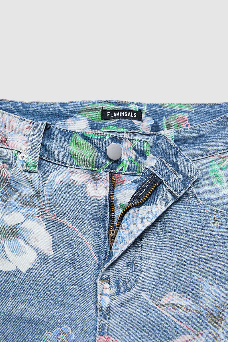 Floral Pattern Wash High Waist Straight Leg Jeans