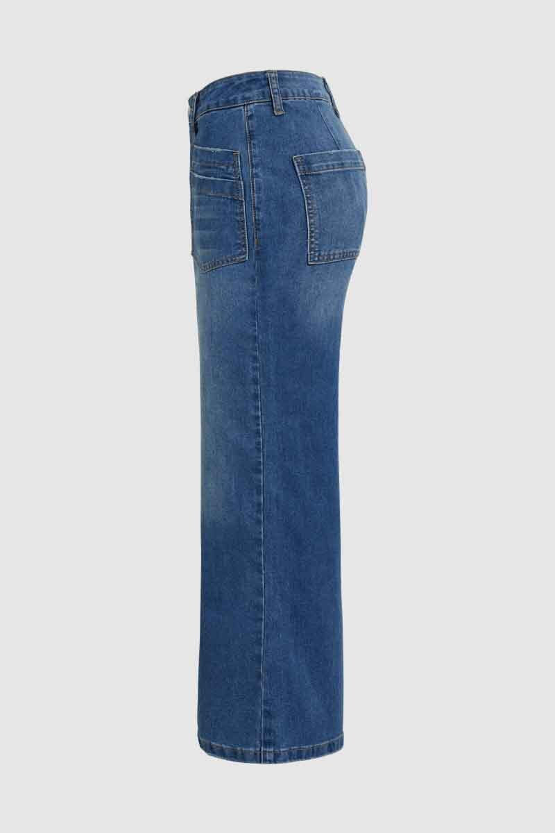 Wash Stitch Detail Raw Hem Crop Wide Leg Mid Rise Jeans