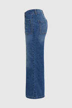 Wash Stitch Detail Raw Hem Crop Wide Leg Mid Rise Jeans