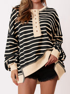 Women's Oversized Striped Button Up Henley Neck Waffle Knit Pullover