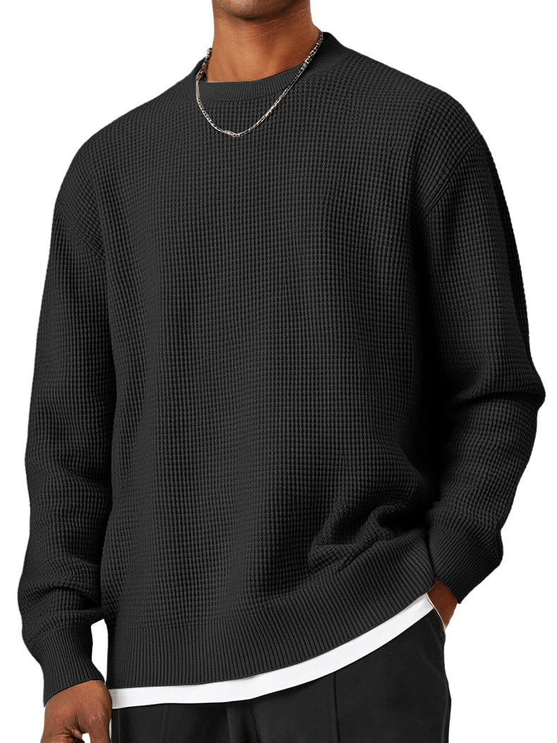 Men's Round Neck Waffle Patterned Loose Fitting Knit Sweater