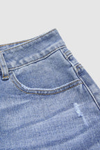 Raw Hem Ripped Mid Waist Denim Bermuda Shorts Without Belt