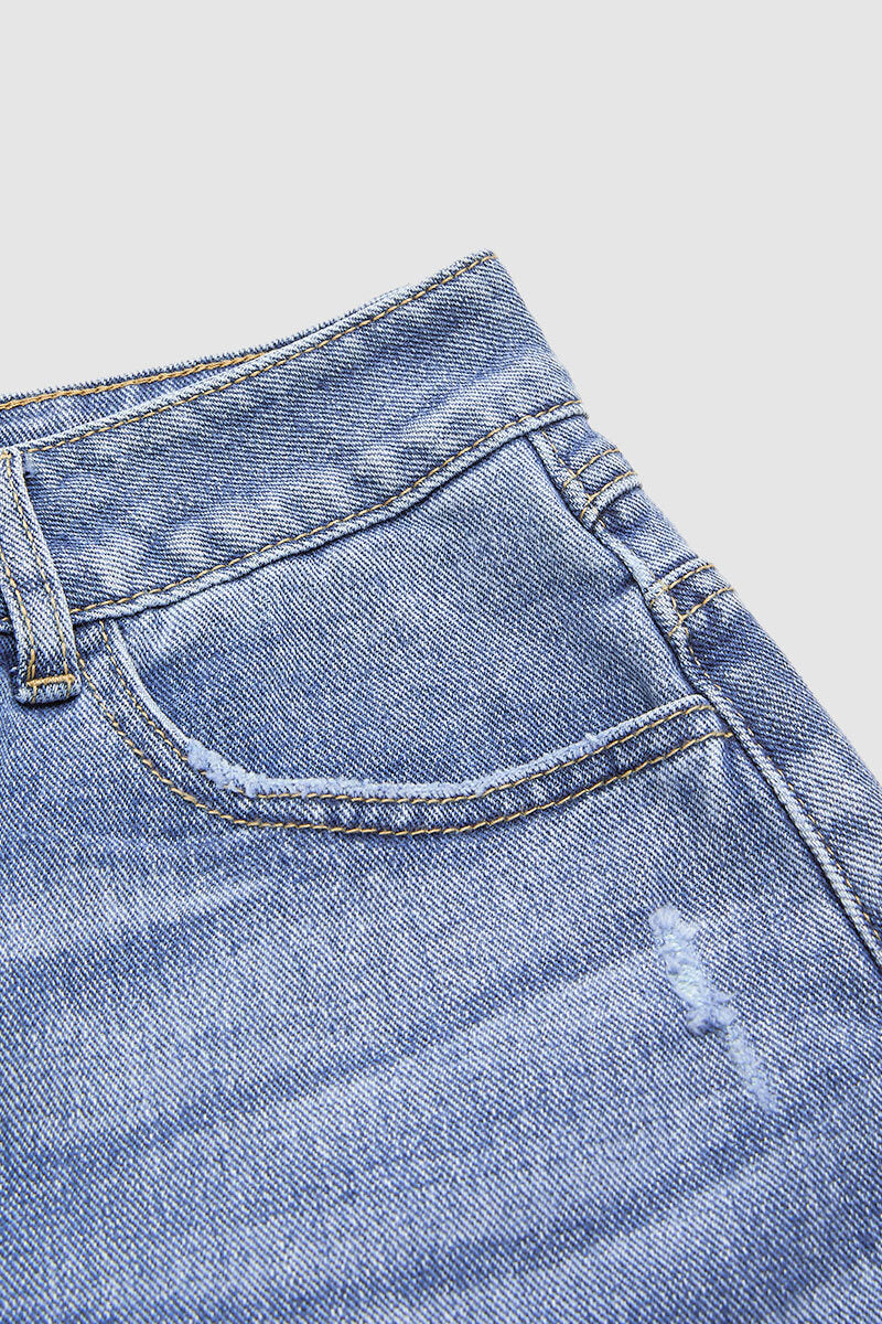 Raw Hem Ripped Mid Waist Denim Bermuda Shorts Without Belt