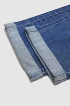 Roll Hem Ripped Double Button Mid Rise Straight Leg Jeans