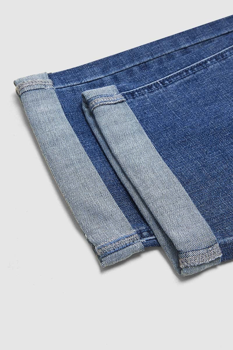 Roll Hem Ripped Double Button Mid Rise Straight Leg Jeans