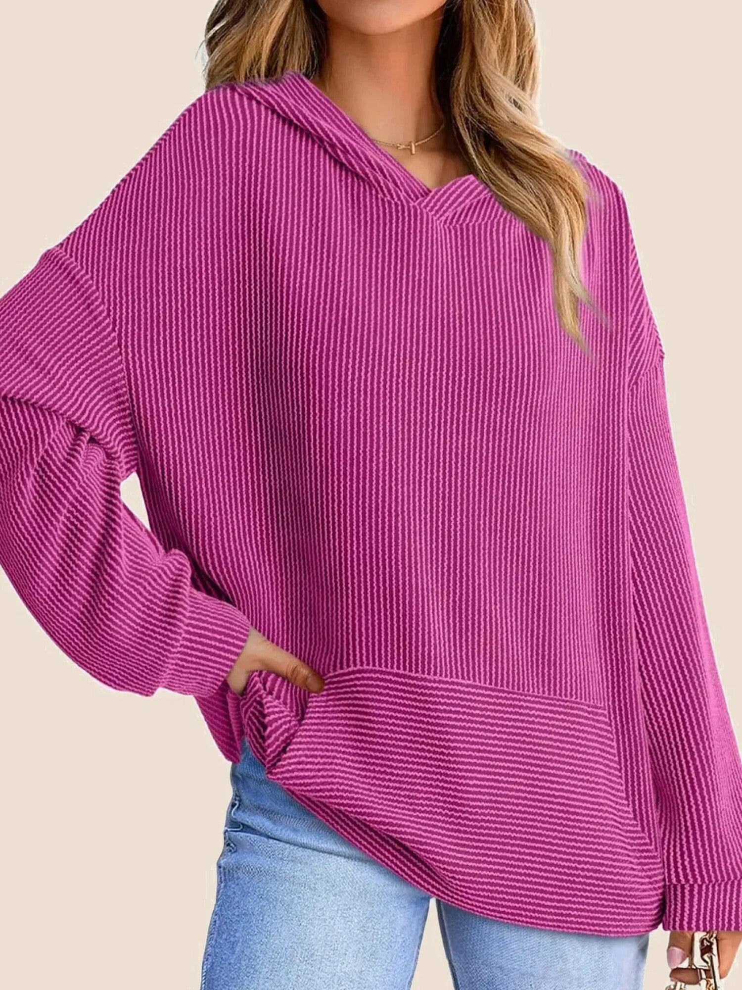 Women's Ribbed Knit Pullover Hoodie