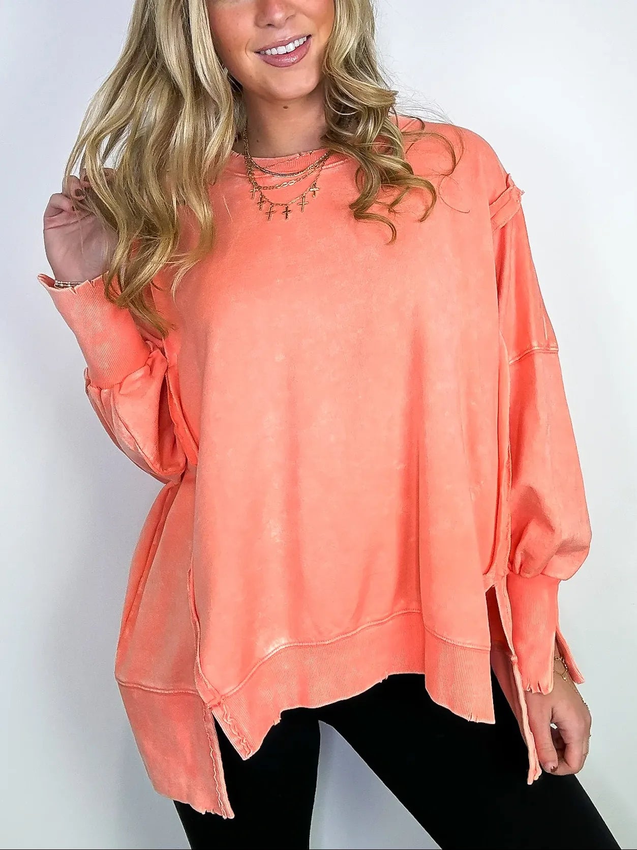 Women's Acid Wash Split Cuff Oversized Crew Pullover