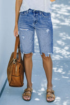 Raw Hem Ripped Mid Waist Denim Bermuda Shorts