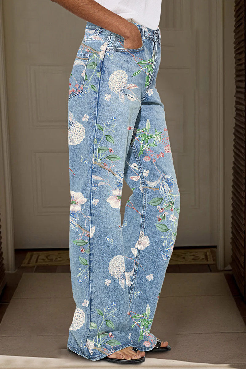 Floral Pattern Wash High Waist Straight Leg Jeans