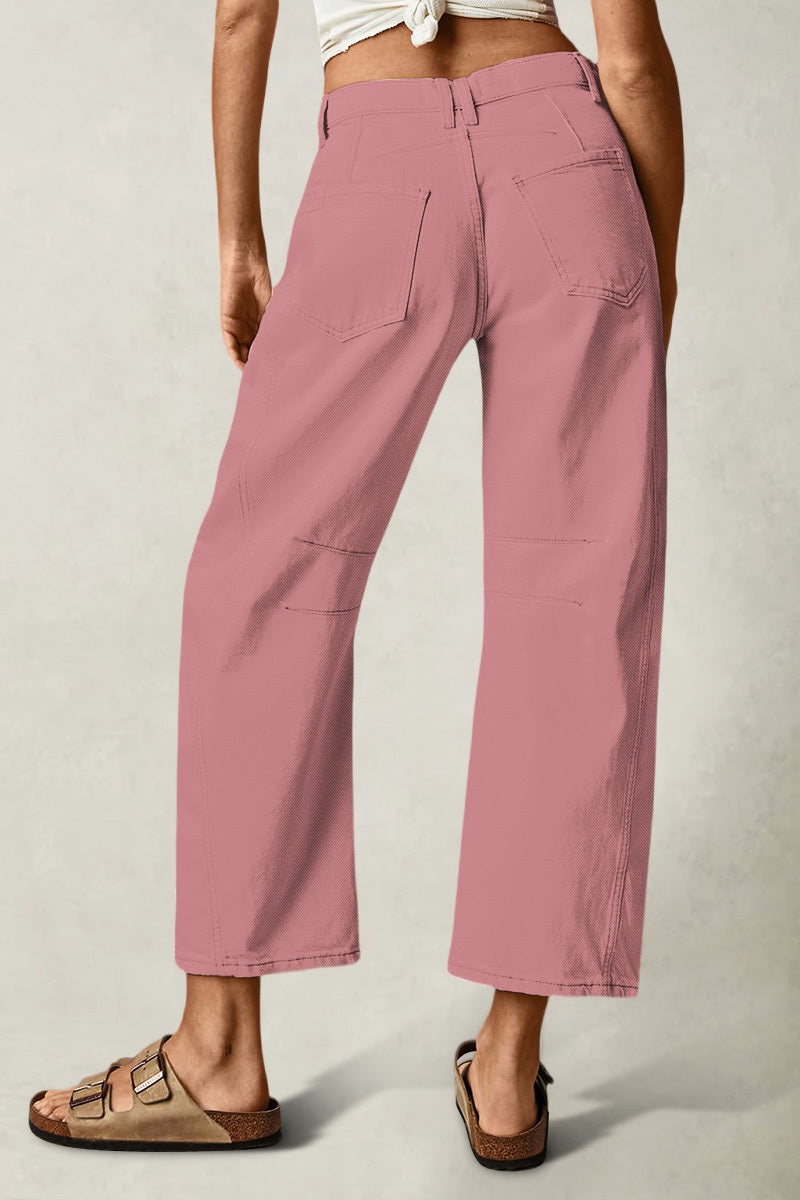 Solid Stitch Detail Mid Waist Crop Straight Leg Jeans Without Belt