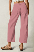 Solid Stitch Detail Mid Waist Crop Straight Leg Jeans Without Belt