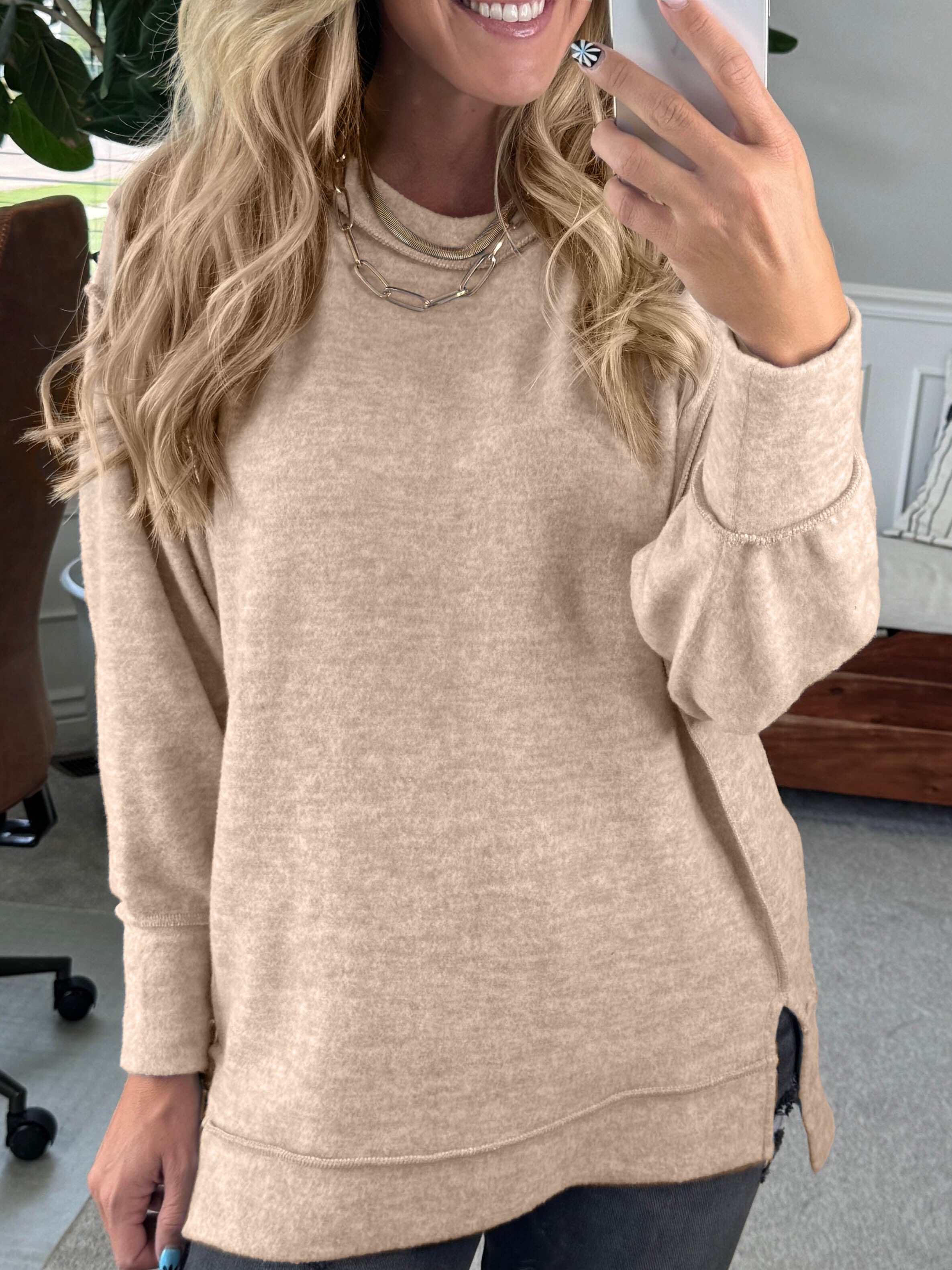 Women's Brushed Melange Side Slit Pullover