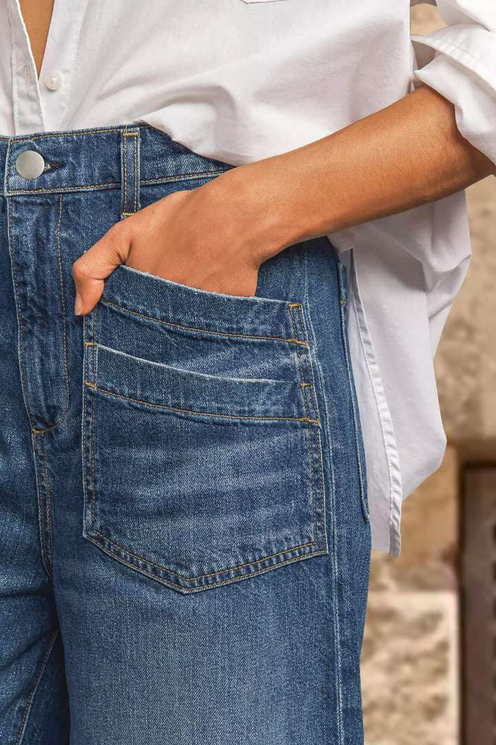 Wash Stitch Detail Raw Hem Crop Wide Leg Mid Rise Jeans