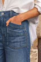 Wash Stitch Detail Raw Hem Crop Wide Leg Mid Rise Jeans