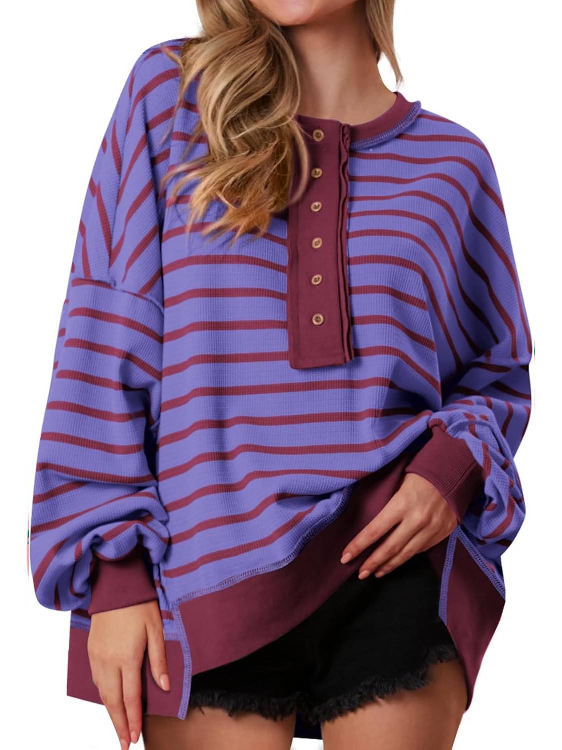 Women's Oversized Striped Button Up Henley Neck Waffle Knit Pullover